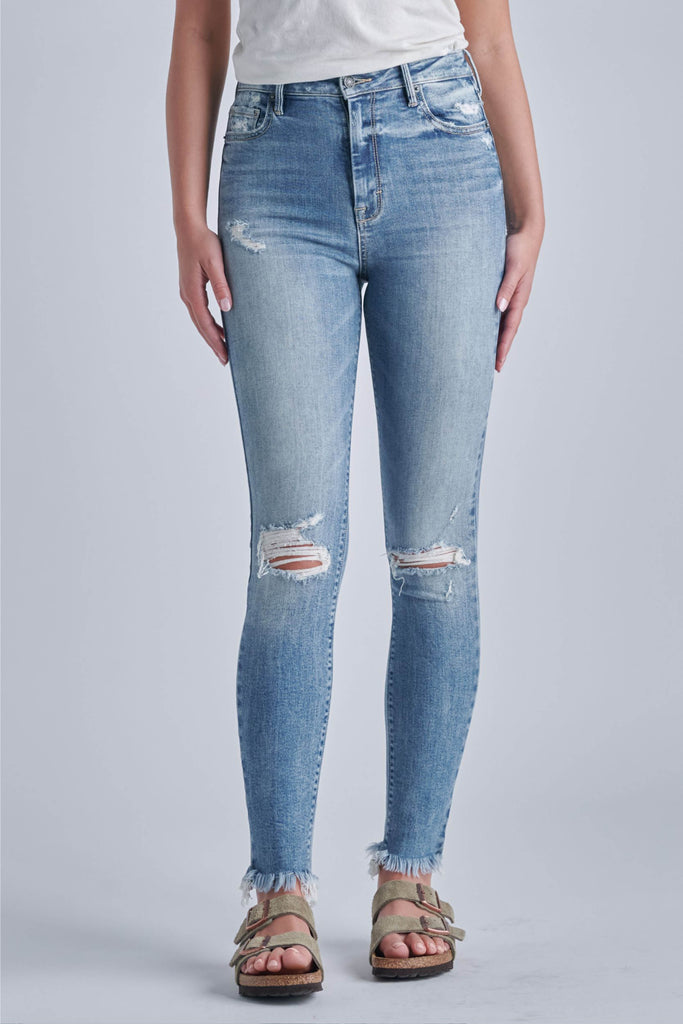TAYLOR <p/> MEDIUM WASH HIGH RISE DISTRESSED FRAYED JEANS