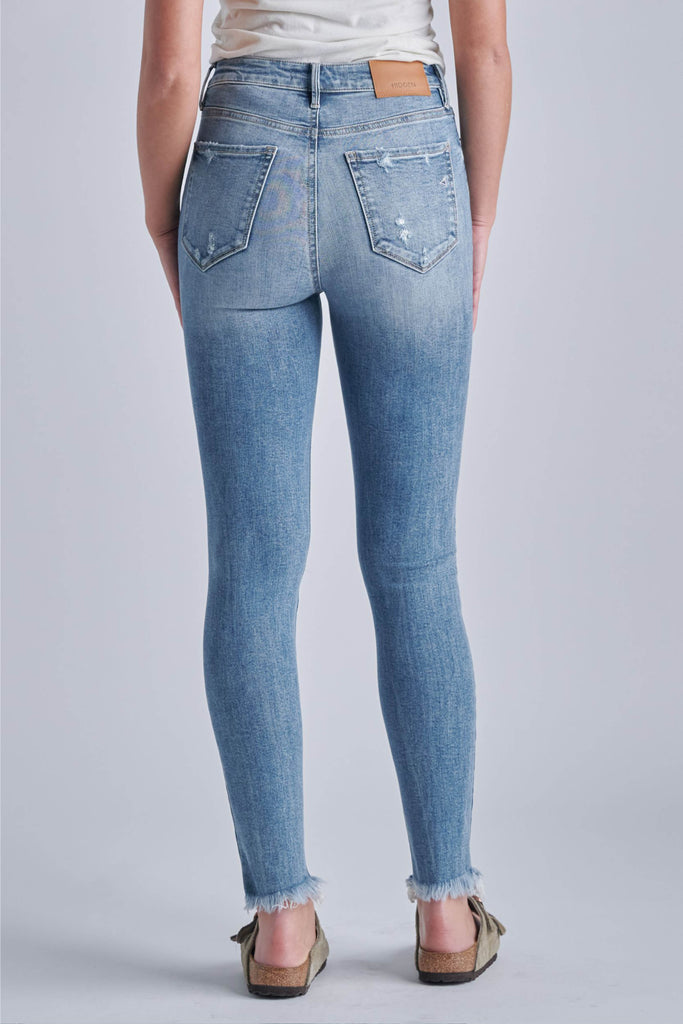 TAYLOR <p/> MEDIUM WASH HIGH RISE DISTRESSED FRAYED JEANS
