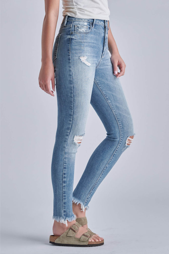 TAYLOR <p/> MEDIUM WASH HIGH RISE DISTRESSED FRAYED JEANS