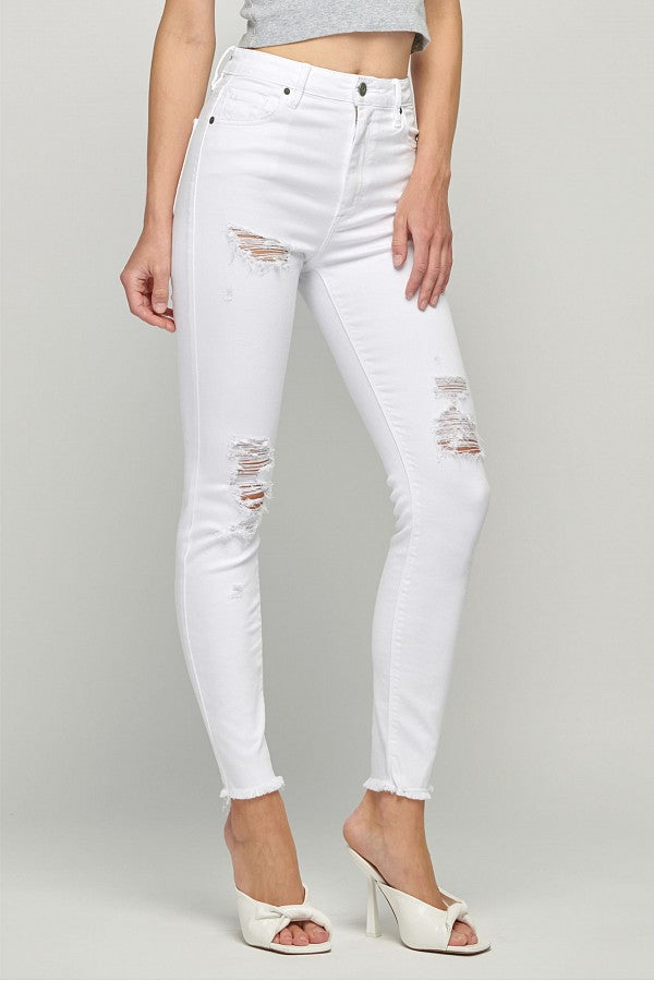 TAYLOR <p/> WHITE DISTRESSED HIGH RISE FRAYED SKINNY
