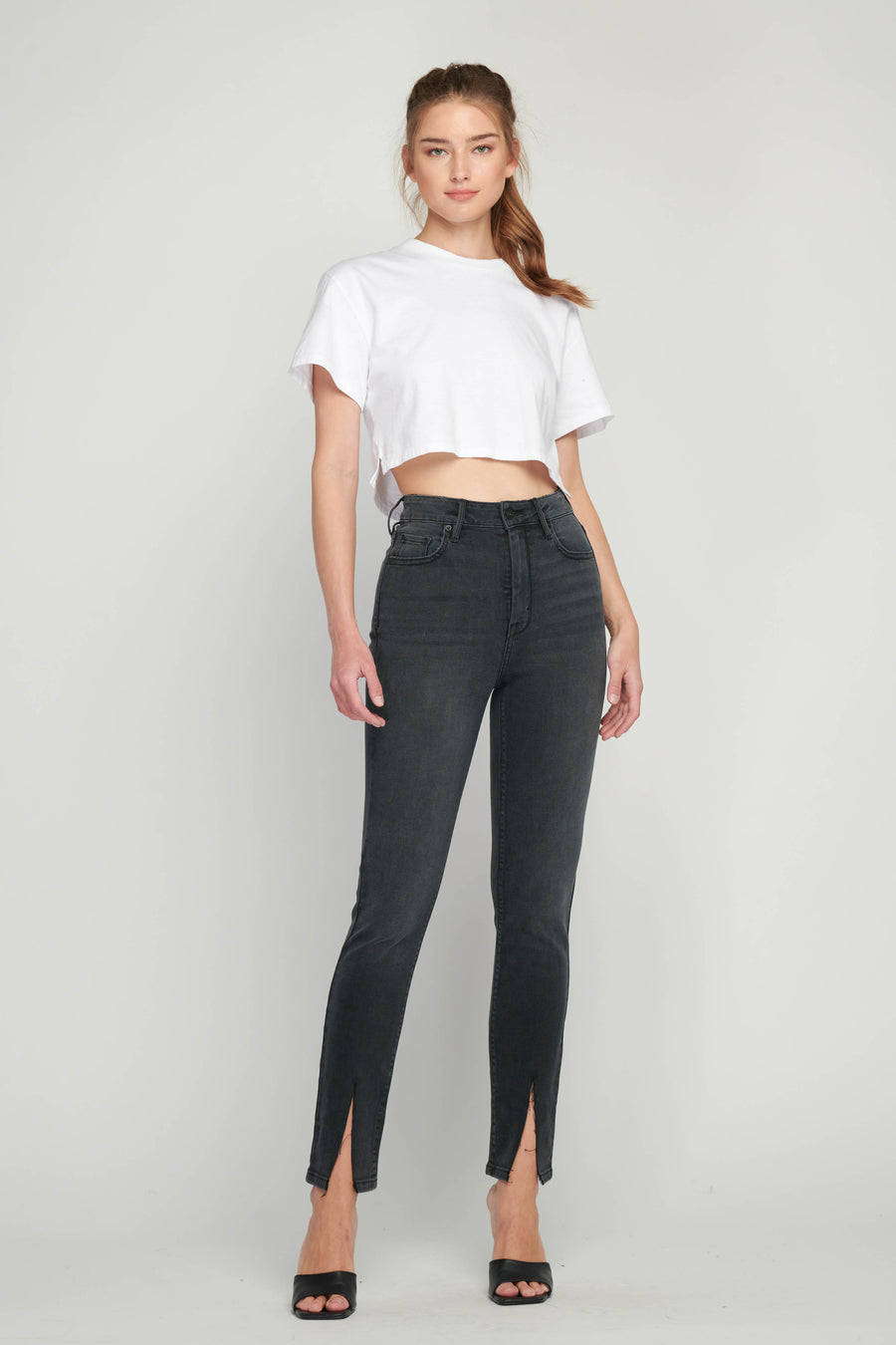 TAYLOR <p/> BLACK FRONT SLIT HIGH RISE SKINNY