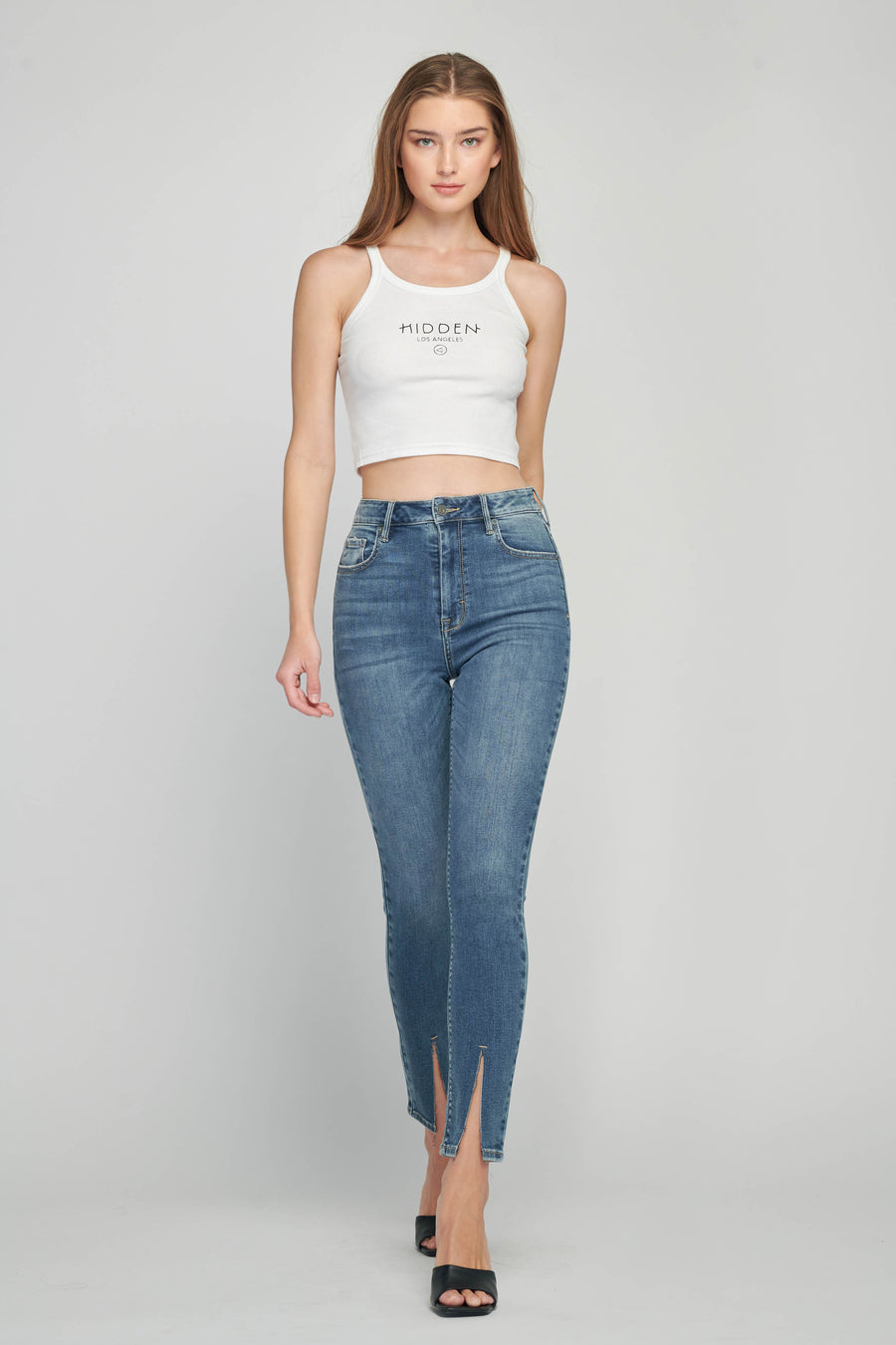 TAYLOR <p/> MEDIUM WASH FRONT SLIT HIGH RISE SKINNY