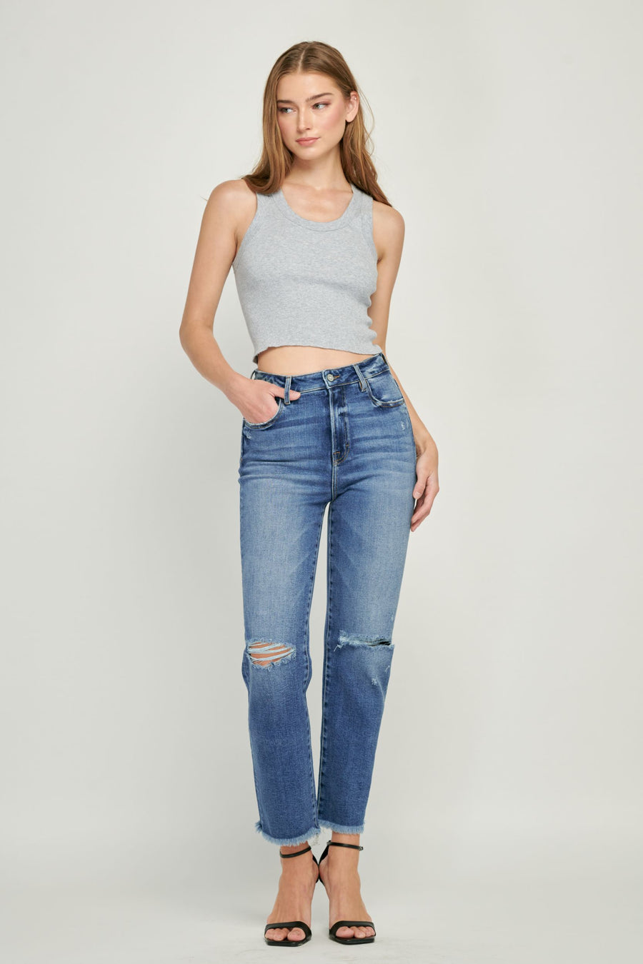 [TRACEY] FRAYED HEM STRAIGHT JEAN