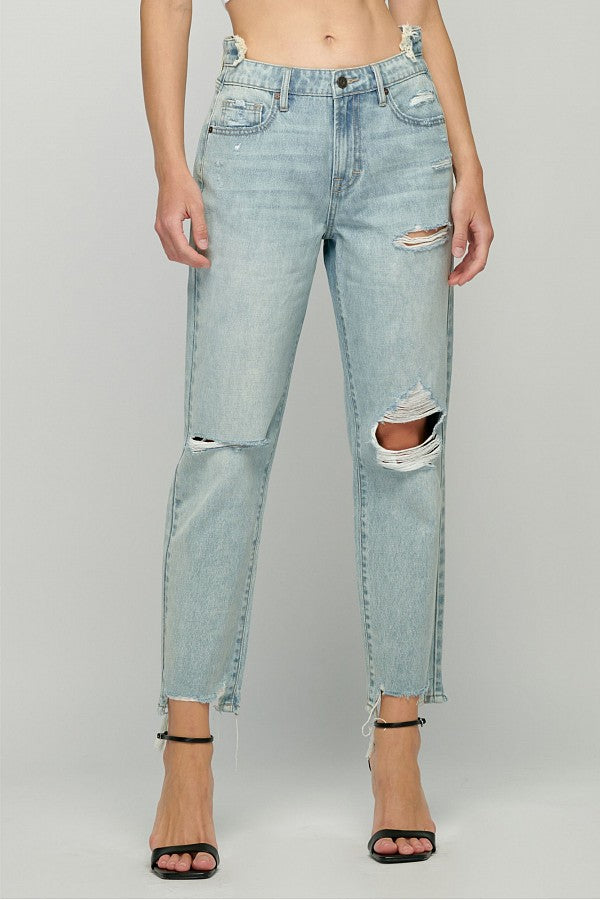 TRACEY <p/> LIGHT WASH DISTRESSED UNEVEN WAISTBAND STRAIGHT