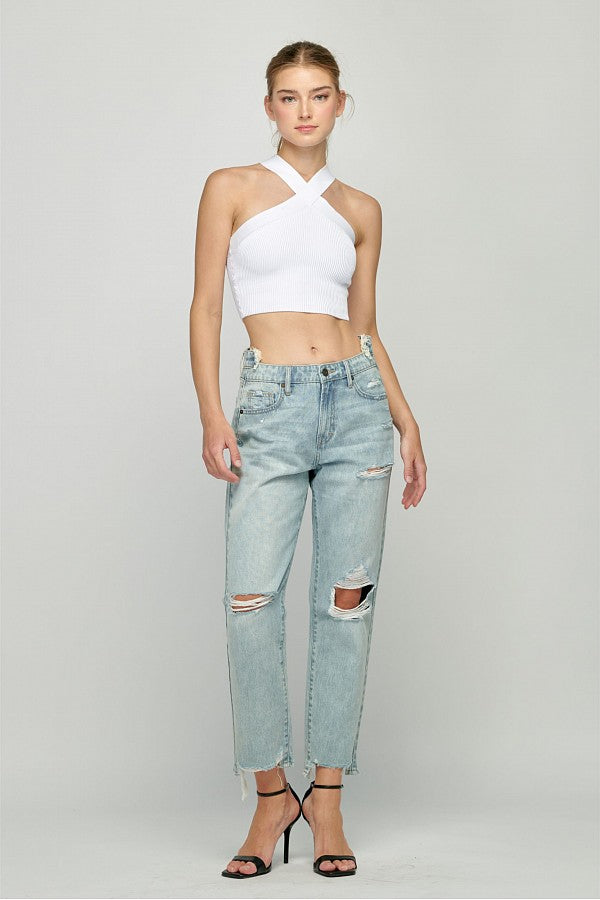 TRACEY <p/> LIGHT WASH DISTRESSED UNEVEN WAISTBAND STRAIGHT