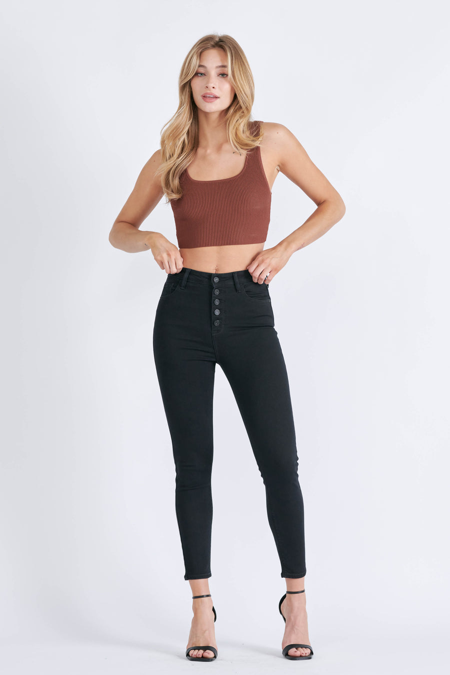 TAYLOR <p/> BLACK FIVE BUTTON HIGH RISE STRETCH SKINNY