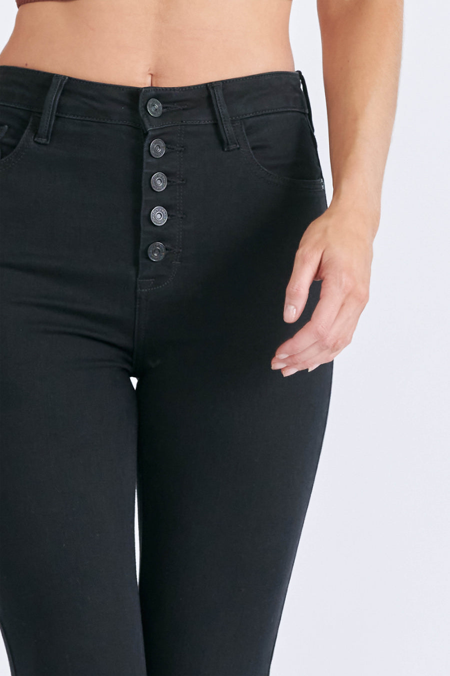TAYLOR <p/> BLACK FIVE BUTTON HIGH RISE STRETCH SKINNY
