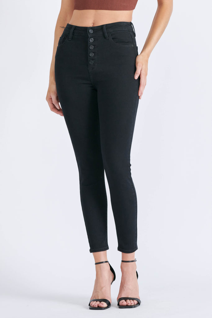TAYLOR <p/> BLACK FIVE BUTTON HIGH RISE STRETCH SKINNY