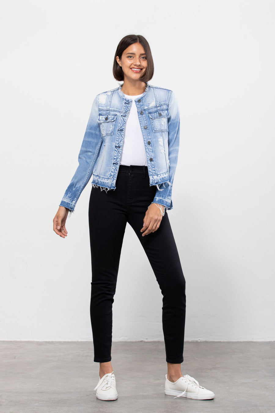 REBEL <p/> LIGHT WASH COLLARLESS JACKET