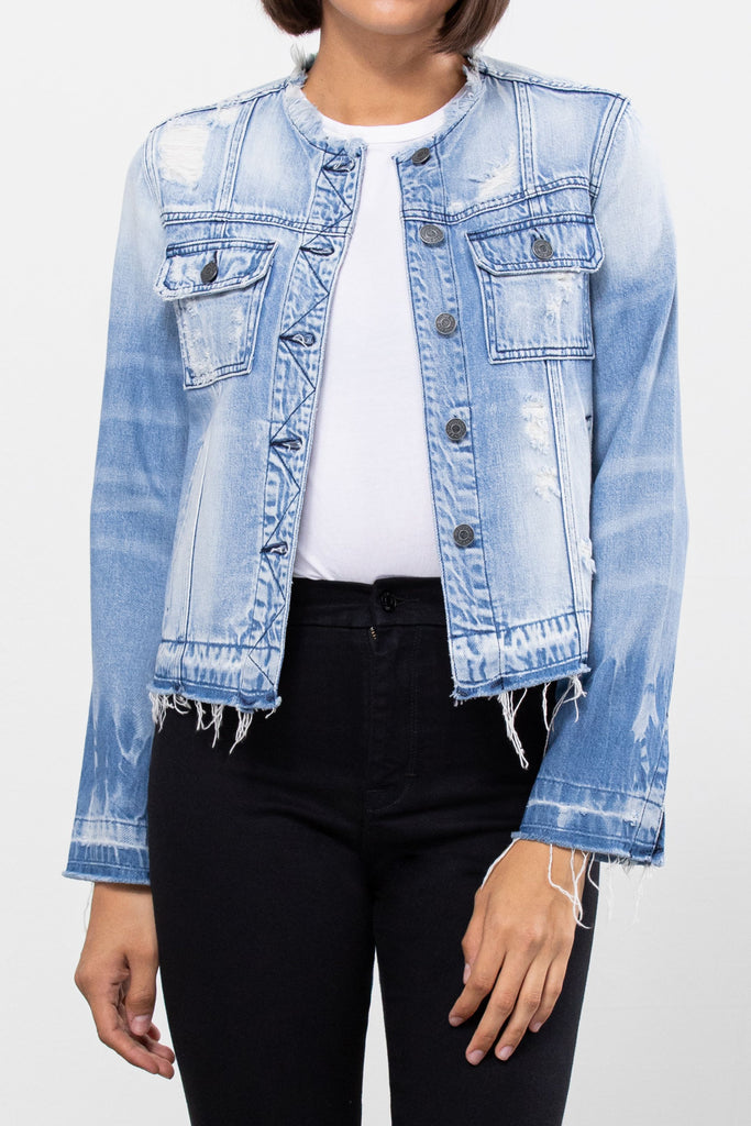 REBEL <p/> LIGHT WASH COLLARLESS JACKET
