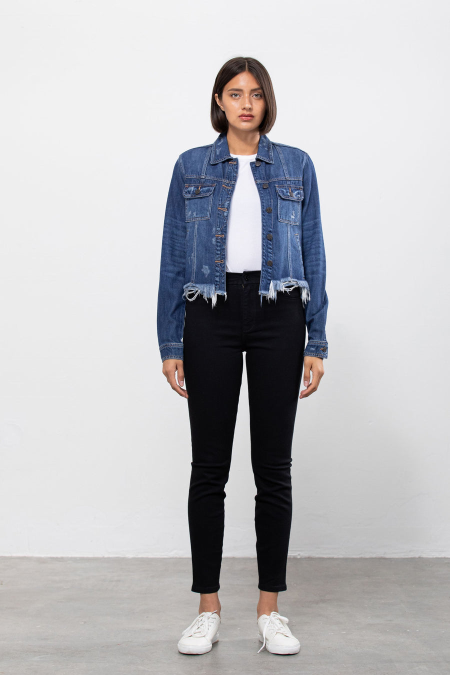 REBEL <p/> DARK WASH CROPPED FITTED JACKET