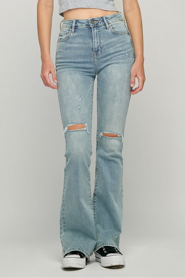 HAPPI <p/> LIGHT WASH 31" KNEE DISTRESSED FLARE
