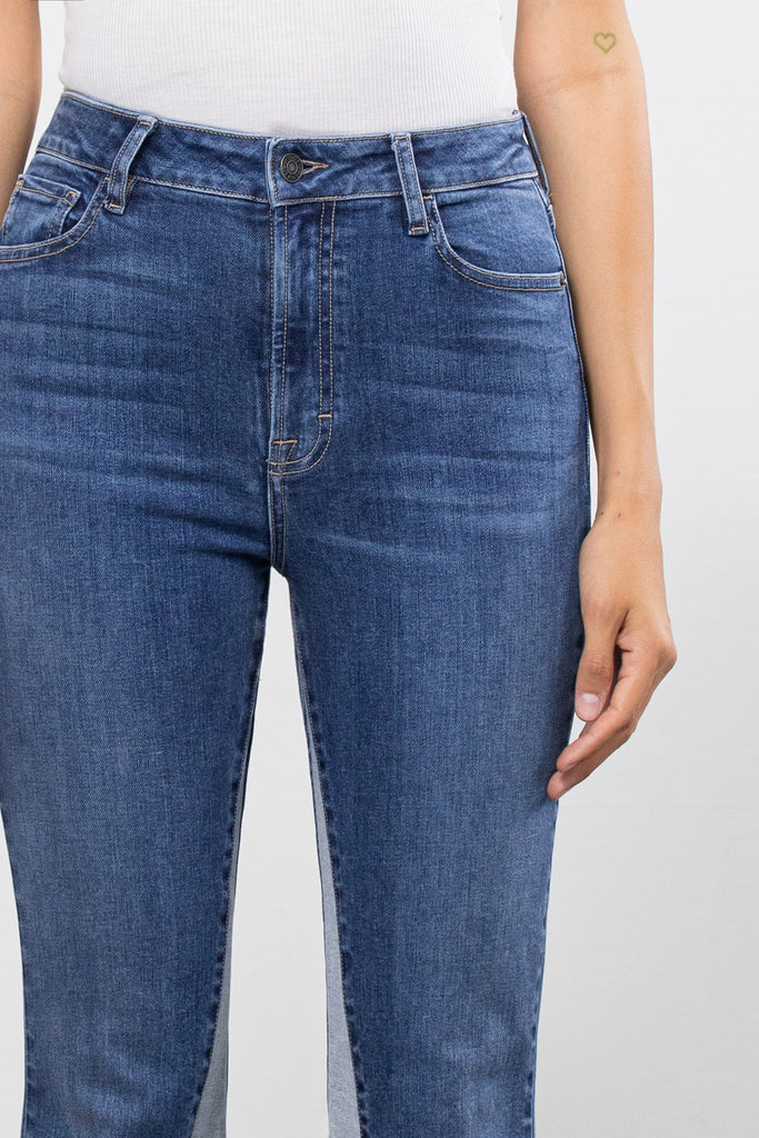 HAPPI <p/> DARK WASH HIGH RISE 33" INSEAM PANEL FLARE