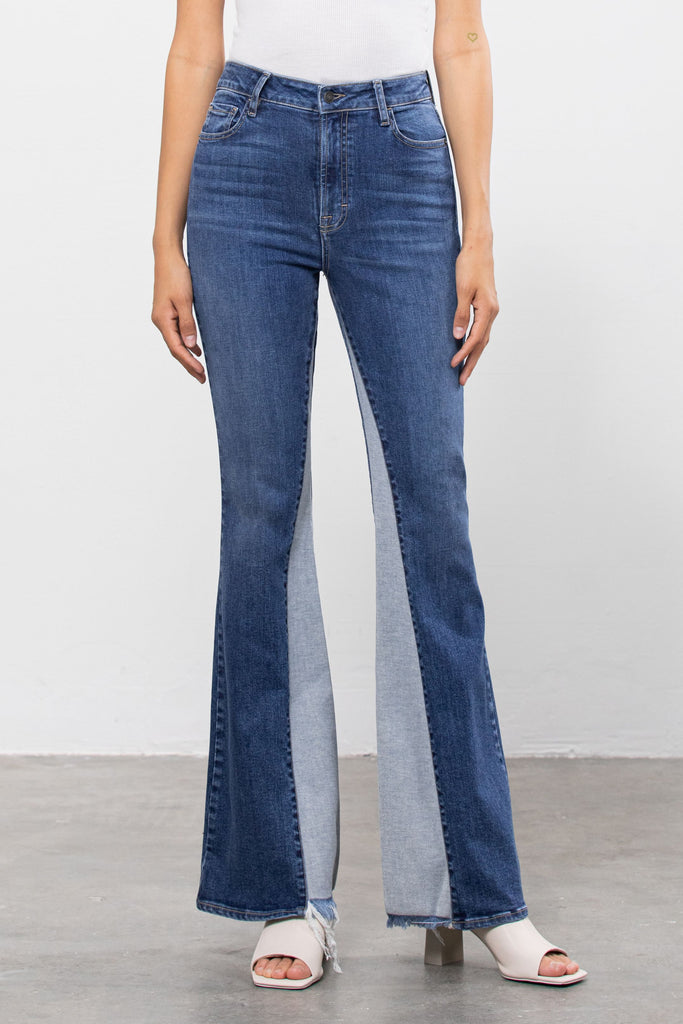 HAPPI <p/> DARK WASH HIGH RISE 33" INSEAM PANEL FLARE
