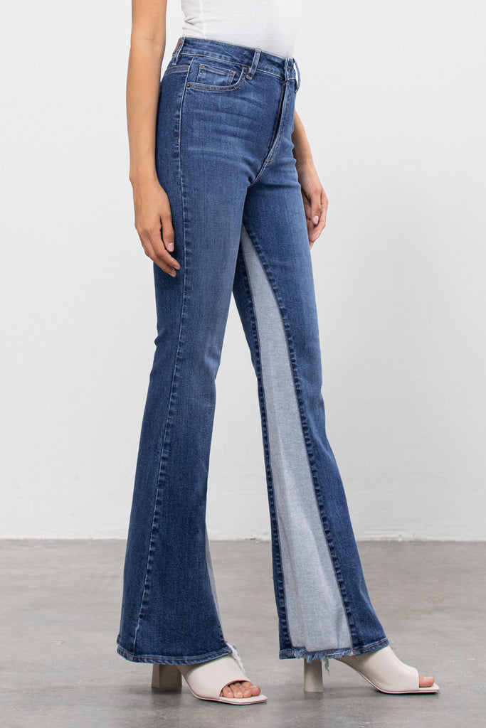 HAPPI <p/> DARK WASH HIGH RISE 33" INSEAM PANEL FLARE