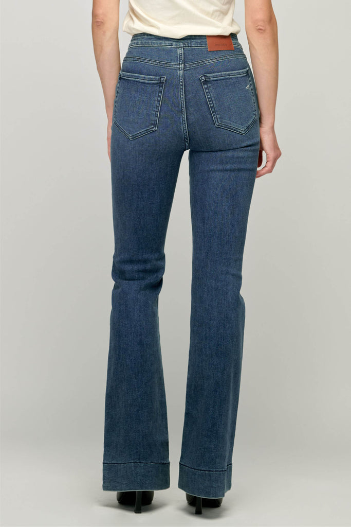 HAPPI <p/> DARK WASH HIGH RISE EXTENDED WAISTBAND 33" INSEAM FLARE