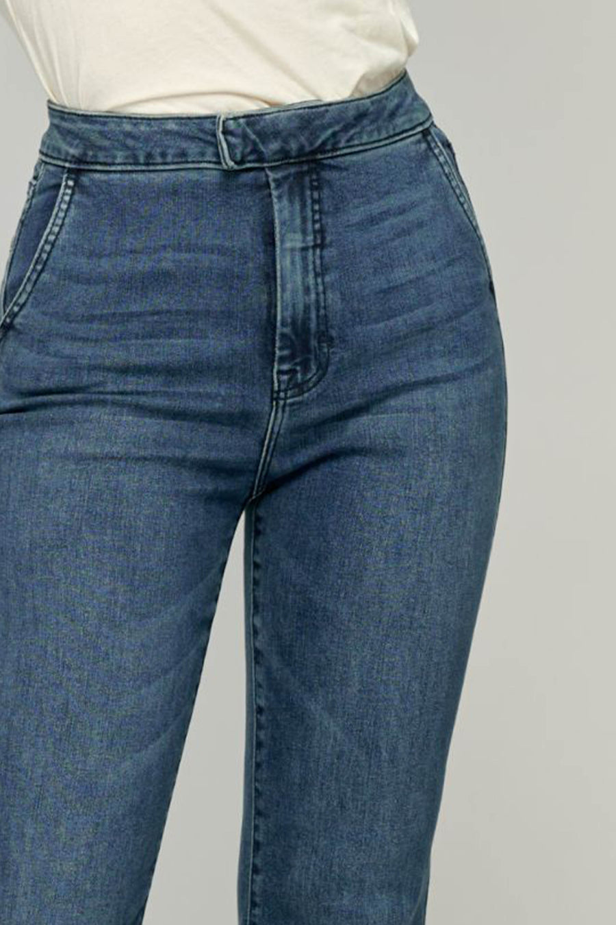 HAPPI <p/> DARK WASH HIGH RISE EXTENDED WAISTBAND 33" INSEAM FLARE