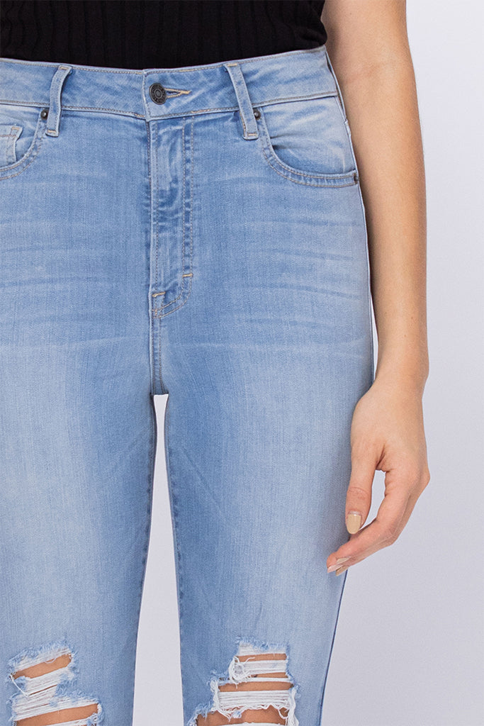 HAPPI <p/> LIGHT WASH KNEE DISTRESSED 34" INSEAM FLARE
