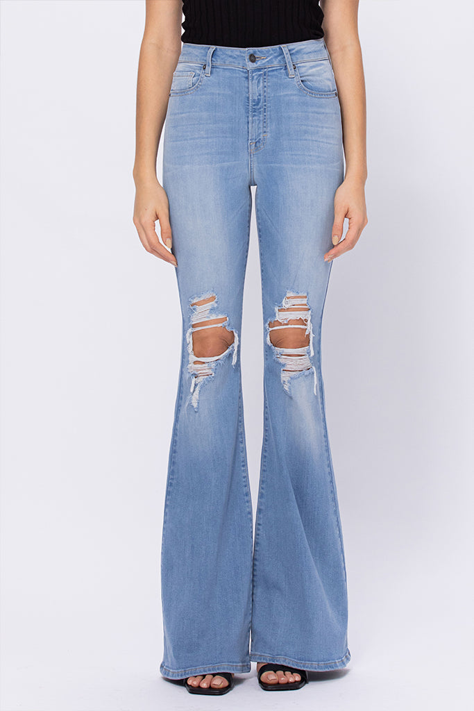 HAPPI <p/> LIGHT WASH KNEE DISTRESSED 34" INSEAM FLARE