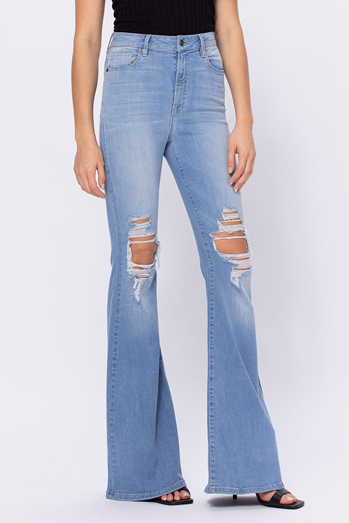 HAPPI <p/> LIGHT WASH KNEE DISTRESSED 34" INSEAM FLARE