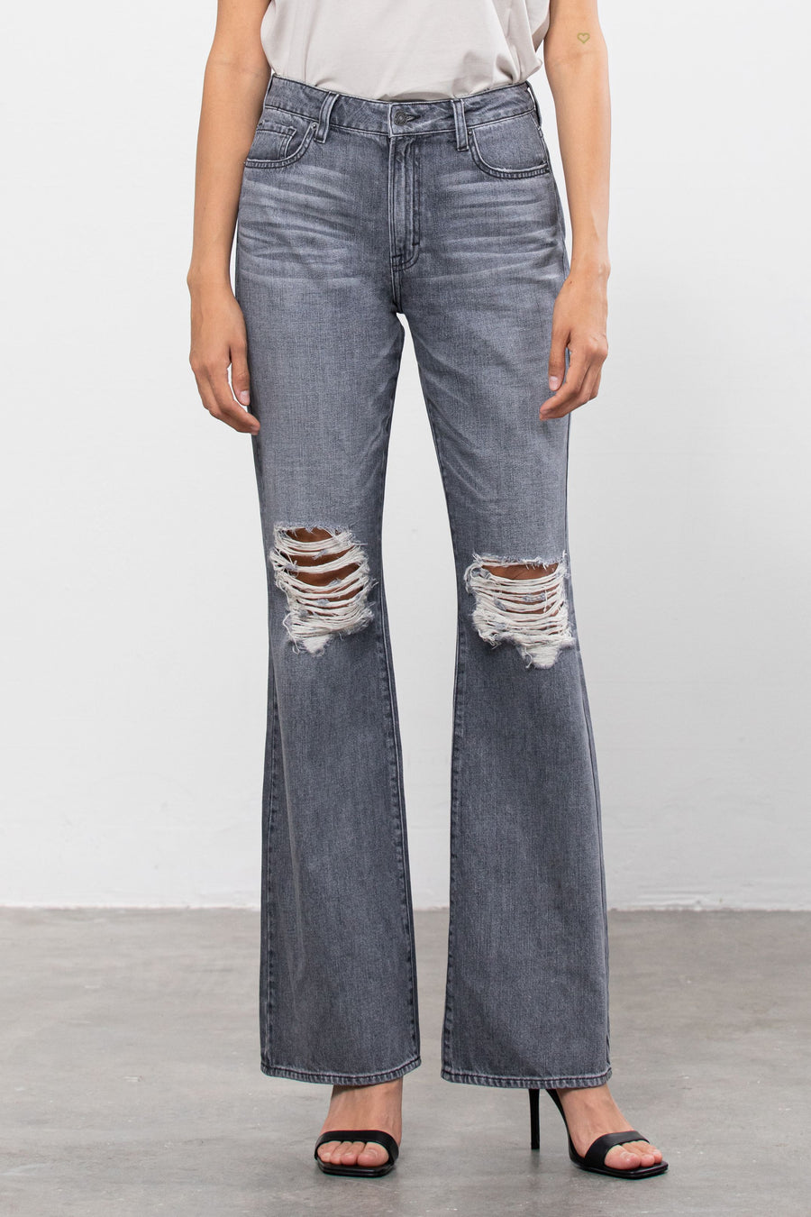 HAPPI <p/> GREY DISTRESSED 33" INSEAM FLARE