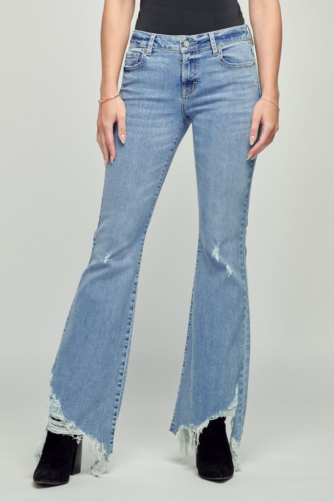HAPPI <p/> LIGHT WASH DESTROYED HEM LOW RISE FLARE