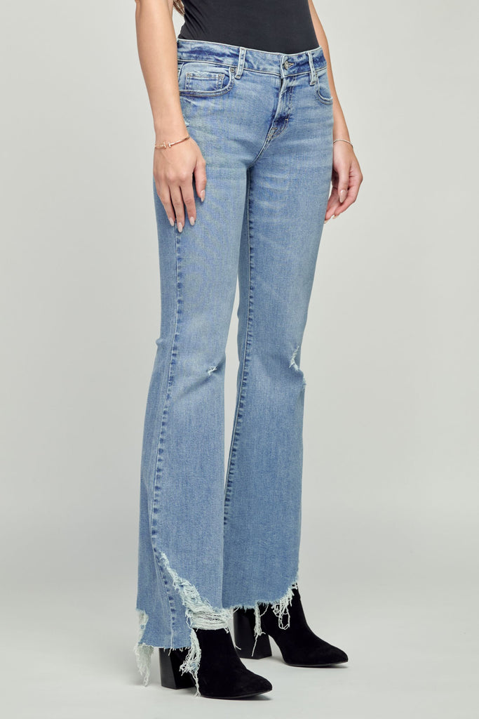 HAPPI <p/> LIGHT WASH DESTROYED HEM LOW RISE FLARE