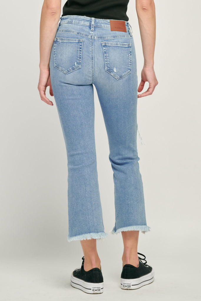 HAPPI <p/> LIGHT WASH DISTRESSED CROPPED FLARE