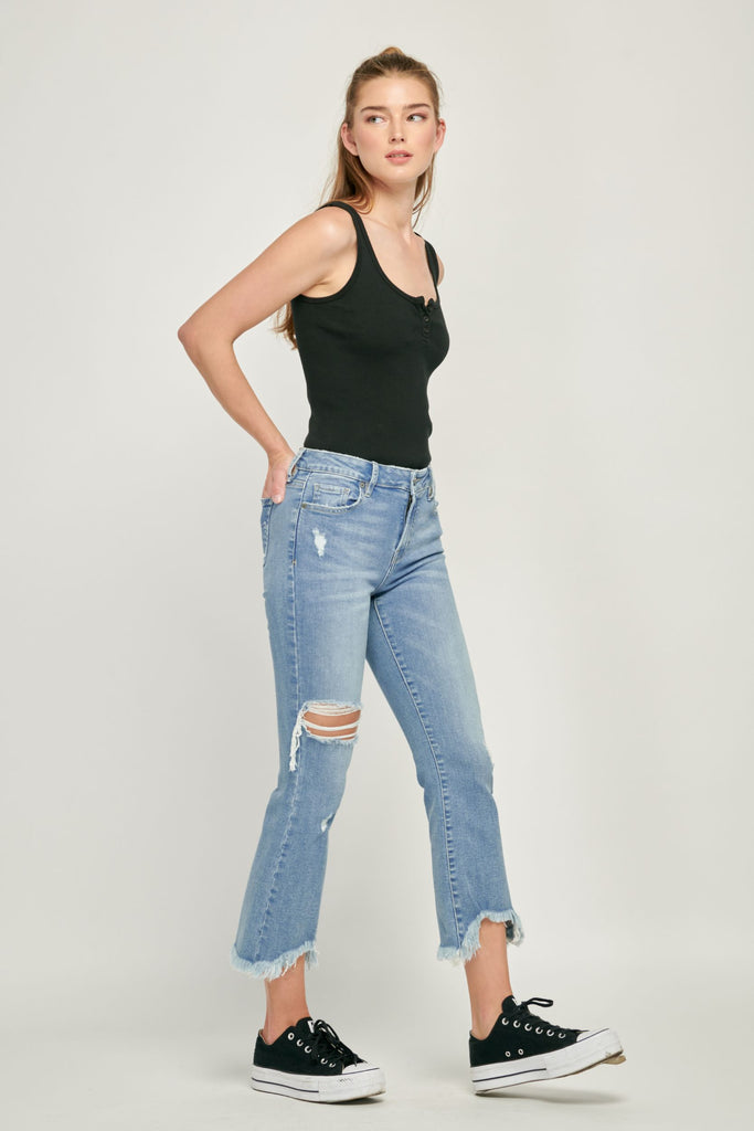 HAPPI <p/> LIGHT WASH DISTRESSED CROPPED FLARE