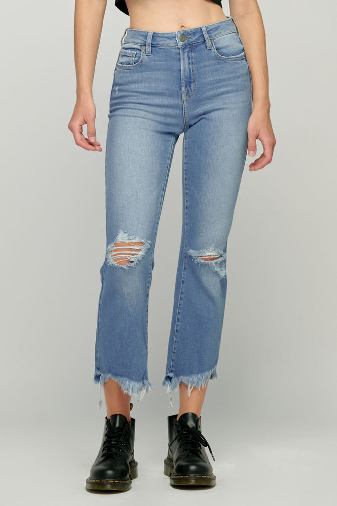 HAPPI <p/> MEDIUM WASH FRAYED HEM DISTRESSED CROP FLARE