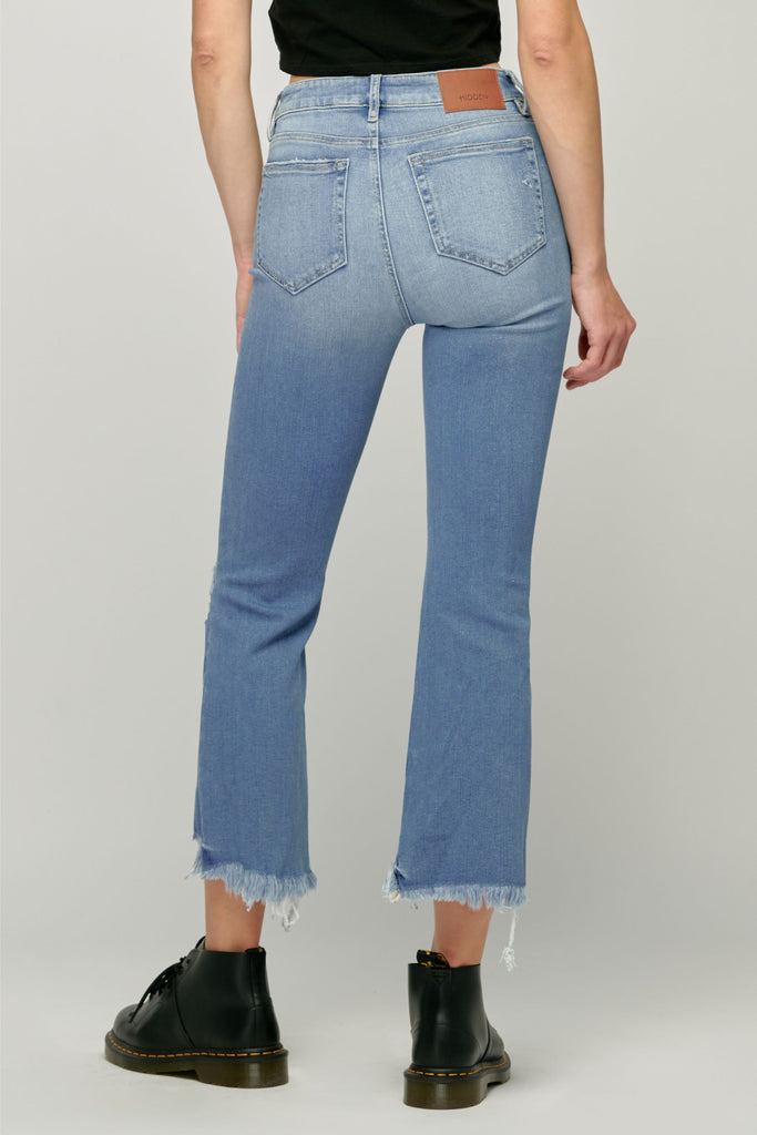 HAPPI <p/> MEDIUM WASH FRAYED HEM DISTRESSED CROP FLARE
