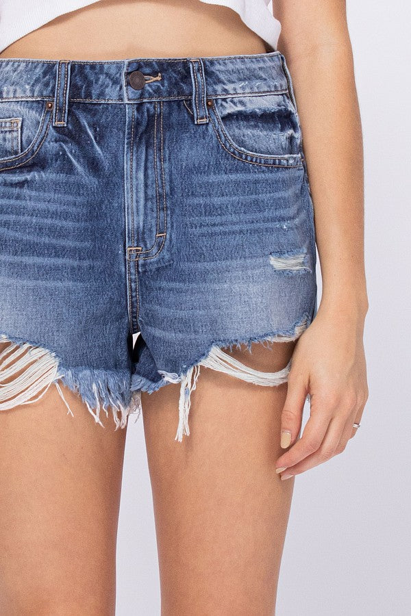[SOFIE]  FRAYED HEM MOM SHORTS