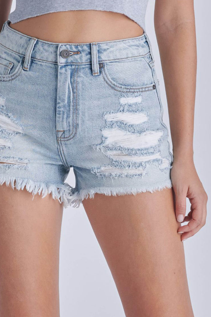 SOFIE LIGHT WASH DISTRESSED HIGH RISE SHORTS – HIDDEN JEANS
