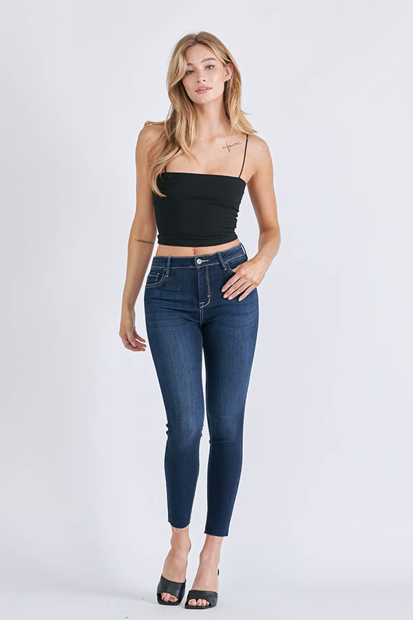 AMELIA </p> DARK WASH CLEAN STRETCH RAW HEM SKINNY