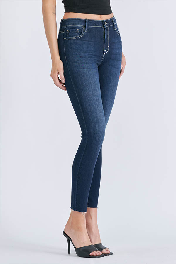 AMELIA </p> DARK WASH CLEAN STRETCH RAW HEM SKINNY