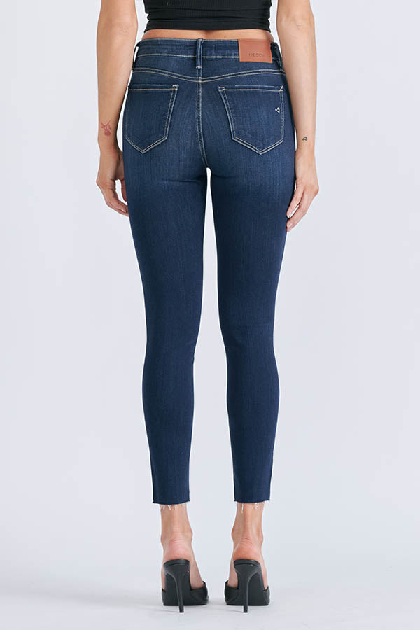 AMELIA </p> DARK WASH CLEAN STRETCH RAW HEM SKINNY