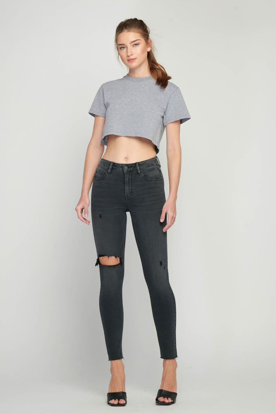 [AMELIA] BLACK RAW HEM SKINNY