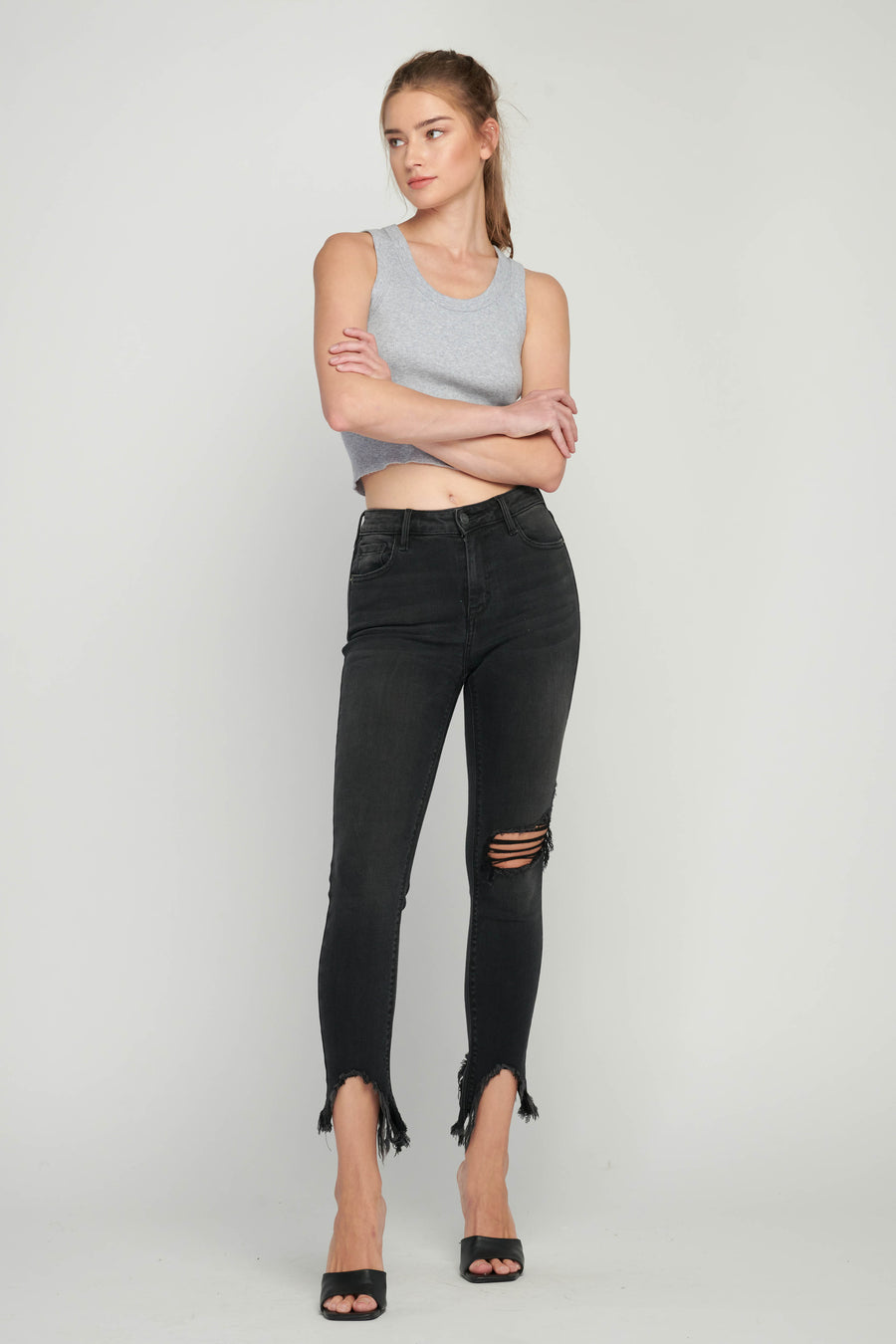 [AMELIA] BLACK DISTRESSED FRAYED HEM SKINNY