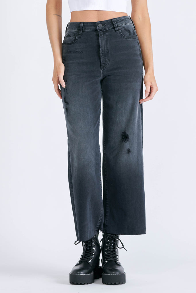 NORI <p/> BLACK GRINDED CROPPED WIDE LEG