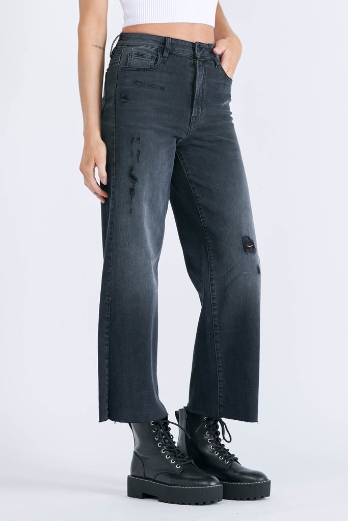 NORI <p/> BLACK GRINDED CROPPED WIDE LEG