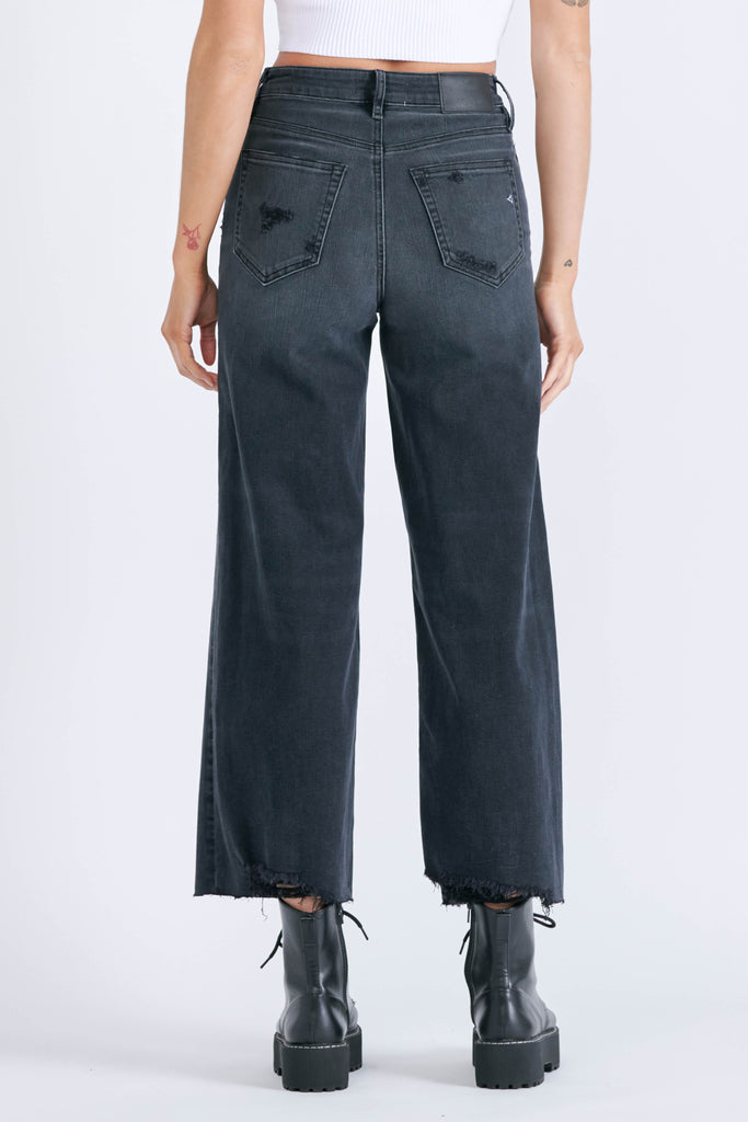 NORI <p/> BLACK GRINDED CROPPED WIDE LEG