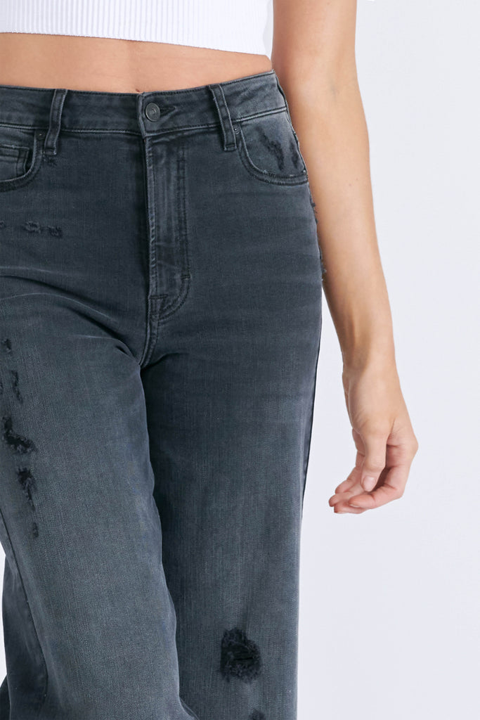 NORI <p/> BLACK GRINDED CROPPED WIDE LEG