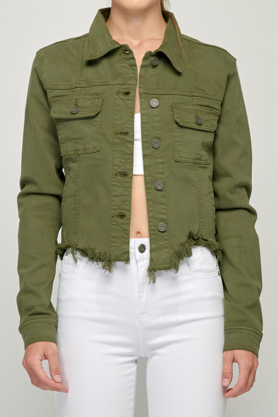 [REBEL] Military Olive Frayed Cropped Fitted Jacket