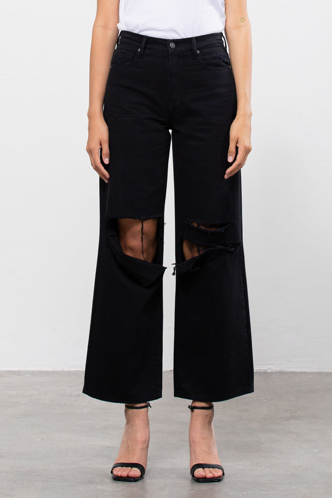 LOGAN <p/> BLACK JEAN CUT HEAVY DISTRESSED DAD JEAN
